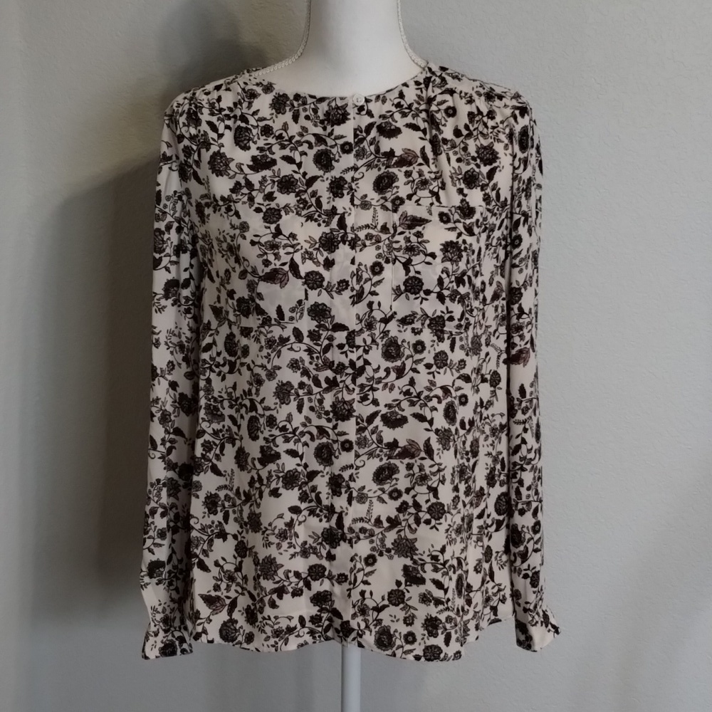 Loft women's small burgundy gray floral print blouse long sleeve button down